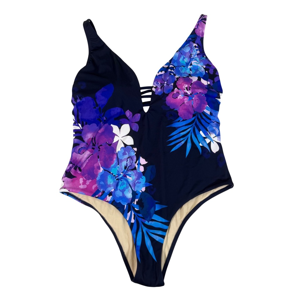 NWT Swimsuits For All Size 18 One Piece V-Neck Scrunch Back Wide Strap Tropical